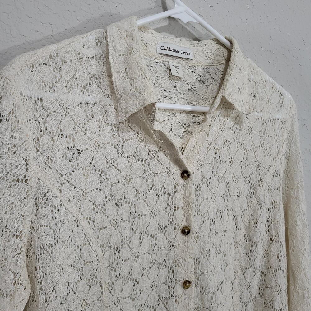 Coldwater Creek Lace Shirt Womens Large Cream Lace Summer Boho Coastal Cottage - Picture 9 of 12